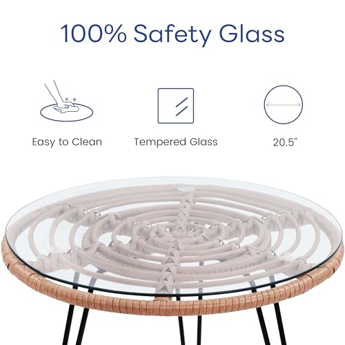KROFEM 3 Piece Wicker Patio Bistro Furniture Set, Includes 2 Rattan Chairs and Glass Top Table, Ideal for Porch, Outdoor, Backyard, Apartment, Balcony, Natural - Thumbnail 4