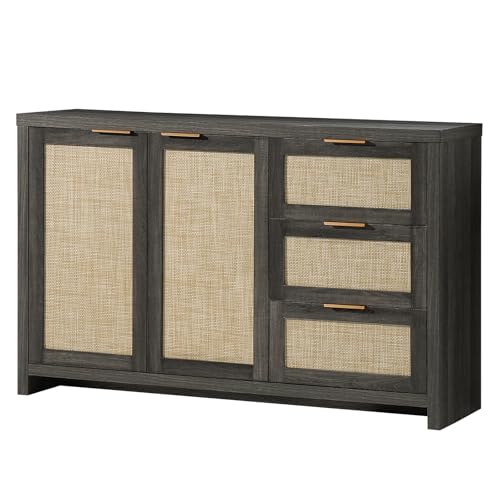 OAKHAM HOME Kitchen Storage Cabinets, Buffet Cabinet with Storage Rattan Sideboard Cabinet Organizer 3 Drawers and 2 Doors Accent Console Table for Kitchen Hallway Living Room bar (Midnight Oak)