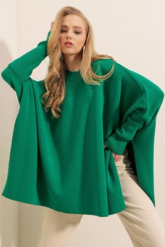 Image of Women's Crew Neck Batwing Sleeve Split Hem Oversized Knit Poncho Sweater