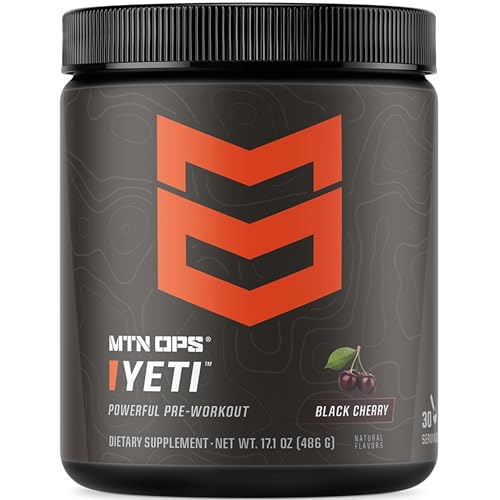 MTN OPS Yeti Pre-Workout Powder Energy Drink with Creatine, 200mg Caffeine & BCAAs with Beta Alanine, 30-Serving Tub, Black Cherry