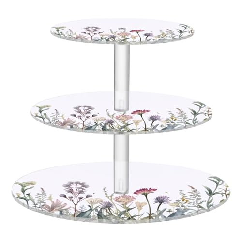 Flradish Watercolor Wildflowers 3 Tier Round Acrylic Cake Stand Display Risers, Dessert Display Tiered Cupcake Tower Trays for Wedding Party Anniversary Birthday Decorations