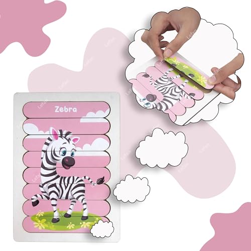 Image of Lefan 5 in1 Animal Puzzle Sticks for Kids - 5 Wooden Animal Puzzles with Tray Educational Montessori Toy for Toddlers Tiger Zebra Elephant Giraffe Lion Puzzle Set 2 3 4 5 6 7 Year Gift for Toddlers