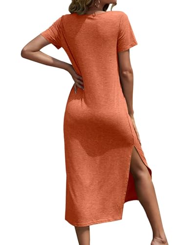 Image of Dyexces Women Summer T Shirt Dress Casual Short Sleeve V Neck Maxi Dresses Loose Side Slit Long Tshirt Dress with Pockets