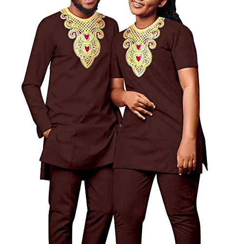 African Couple Suit Men's Long Sleeved T-Shirt Pants Two-Piece Suit, Women's Short Sleeved Suit Chest Hot Gold Print