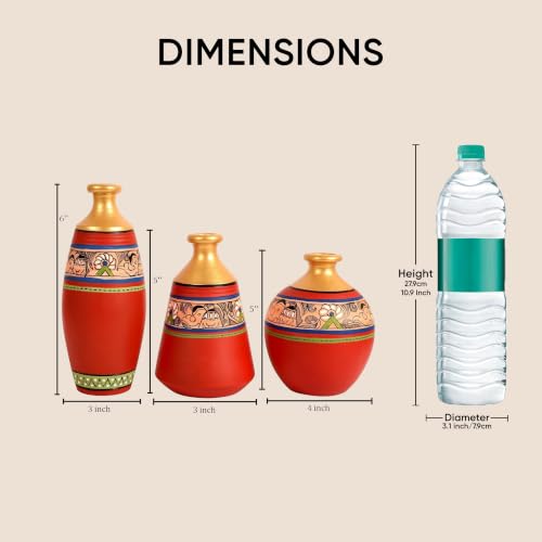 Image of Aakriti Art Creations Vase Earthen Red Madhubani Set of 3 | Hand-Painted Terracotta Flower Vases | Matte Finish Decorative Vases for Living Room, Table Decor & Gifting