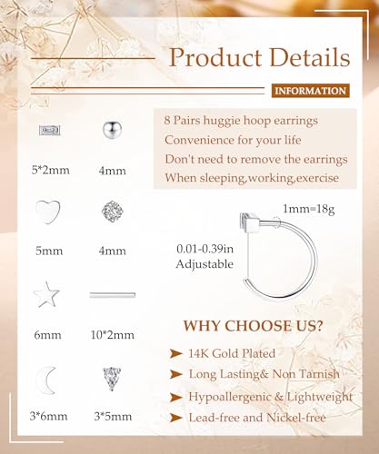 SAMOCO 8 Pairs Half Hoops Earrings Small Huggie Hoop Earrings Ball, Bar, Star, Moon, Heart, Cross, Dot, Triangle Half Hoops Cartilage Piercing Earrings3
