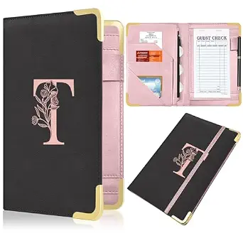 Server Book, Alphabet Waitress Book for Waitress, Leather Waitess Book with Zipper Pocket, Server Manual Checkbook Fits Server Apron (T)