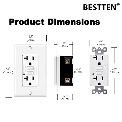 [10 Pack] Bestten 20 Amp Gfci Outlet, Gfi Outlet With Led Indicator, Ground Fault Circuit Interrupter, Non-Tamper-Resistant, Wallplate Included, Etl Certified, White #TOP6