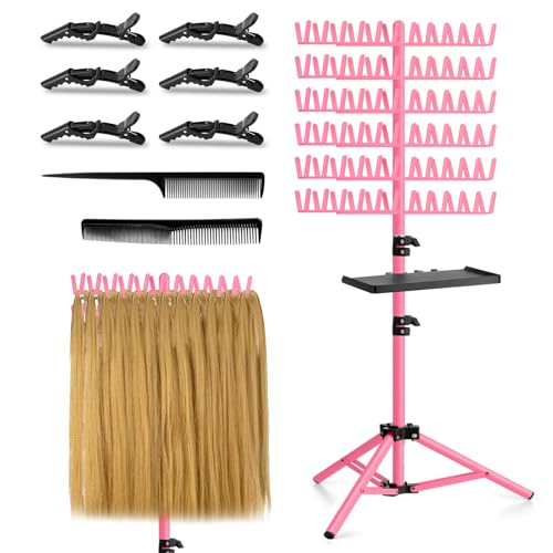 OLMRJKD Braiding Hair Rack with Tray 144 Pegs Height Adjustable Braiding Rack 2-side Hair Extension Holder Hanger Hair Stand with Stylist Hair Braiding Tools for Hair Salon Home Traveling (Pink)