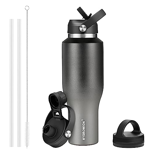 Image of HYDROWION Water Bottle Insulated (Cold 48 hrs, Hot 24 hrs) 40 oz Stainless Steel Water Tumbler with Leak Proof Straw Lid, Spout Lid and Flex Cap,Double Wall Travel Tumbler Cup, Black&Grey