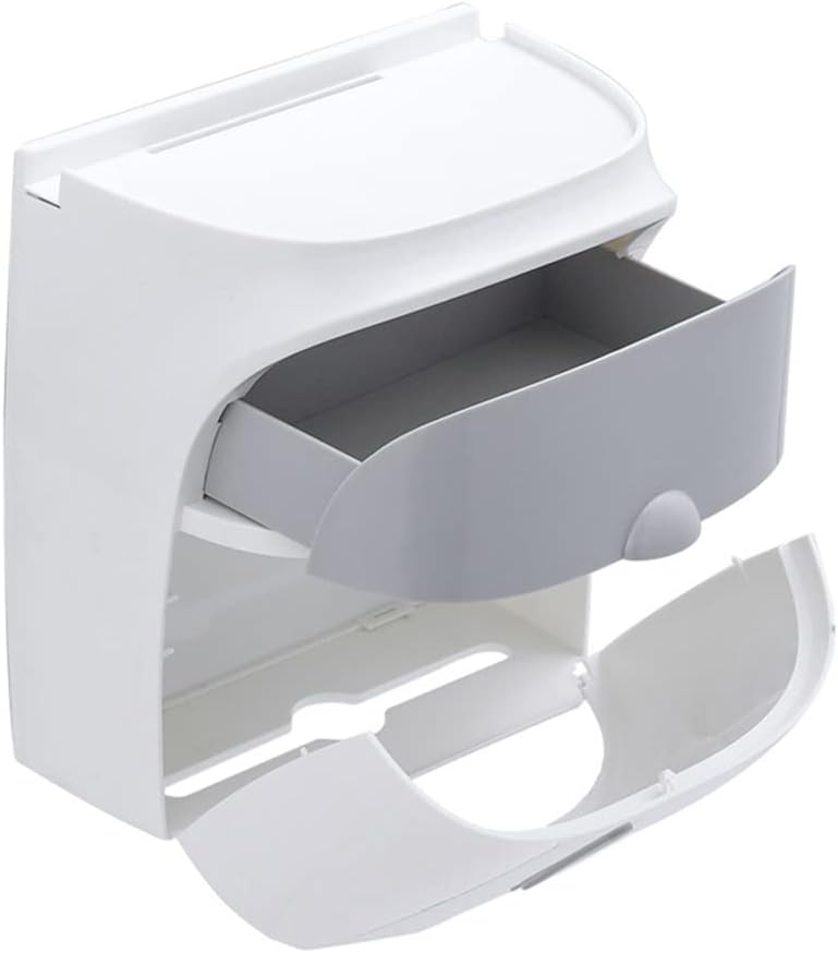 Toilet Paper Holder Wall Mounted, Self Adhesive Bathroom Facial Waterproof Tissue Storage Box Tissue Box Holder with Shelf and Drawer -Black