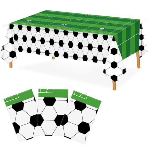 Image of Hxezoc 3 Pack Disposable Soccer Plastic Tablecloths, 54 x 108 Inches Soccer Waterproof Table Cover for Sports Birthday Party Baby Shower Decorations Outdoor Indoor Party Supplies