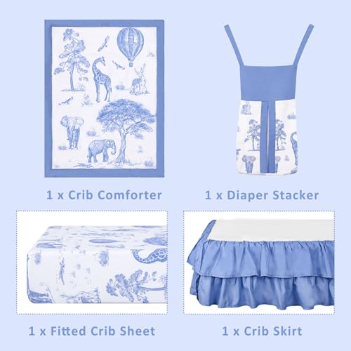 Image of TANOFAR 4-Piece Crib Bedding Set for Baby Boys, Blue Elephant Nursery Bedding Set Includes Comforter, Fitted Crib Sheet, Crib Skirt, and Diaper Stacker, Blue Elephant