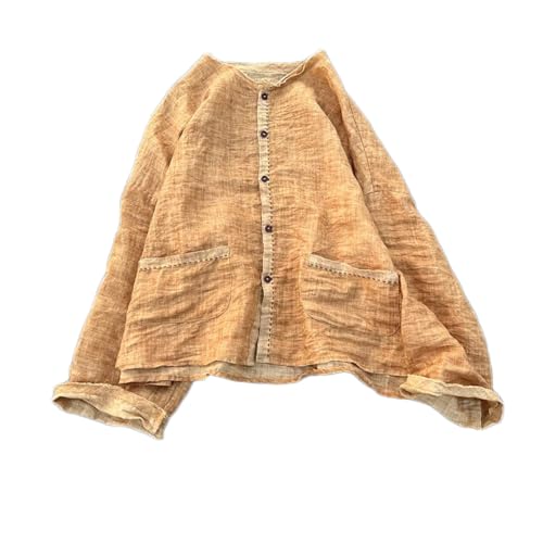 Handmade Clothing Women's Button-Down Ramie Shirt Natural Dye Color Long Sleeve Loose Tops