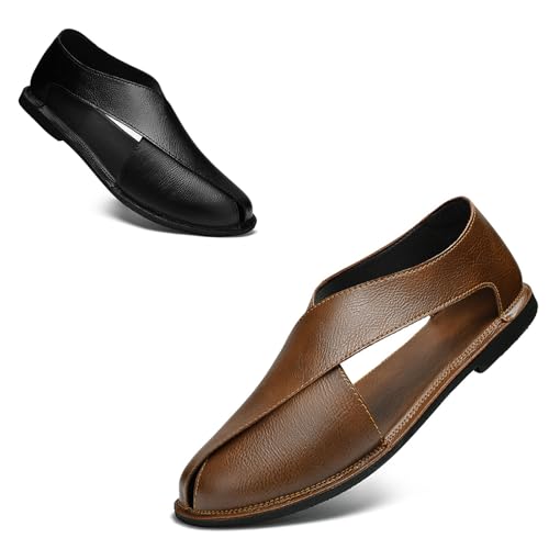 Men'S Soft Leather Closed Toe Flat Sandals,Slip-On Lightweight Breathable Driving Sandals,Outdoor Non-Slip Hollow Casual Fisherman Sandals