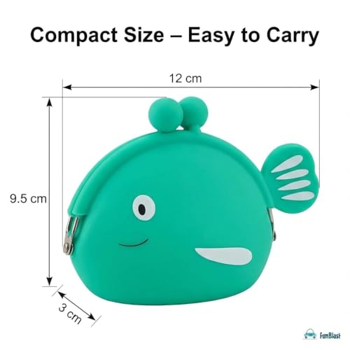 Image of FunBlast Cute Fish Shape Silicone Coin Purse for Kids & Adults - Mini Pouch for Coins, Earphones, Keys & Small Essentials, Aesthetic Pouches for Girls & Women - 12 X 9.5 X 3 Cm (Green)