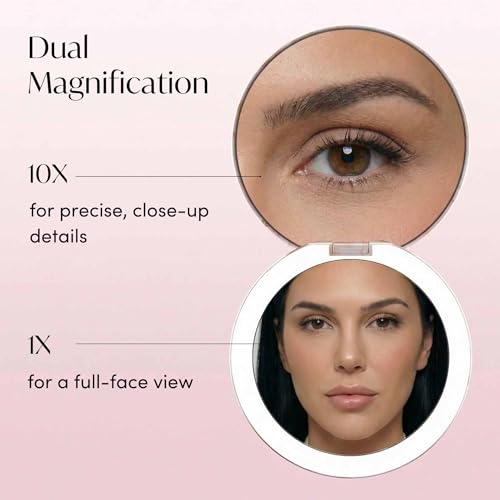 Image of Fancii Taylor LED Lighted Travel Makeup Mirror, Rechargeable, 10x /1x Magnifying, Tru-Glow Lighting System, XL Large 5 inch Wide | Compact Mirror for Purses (Marble Rose)
