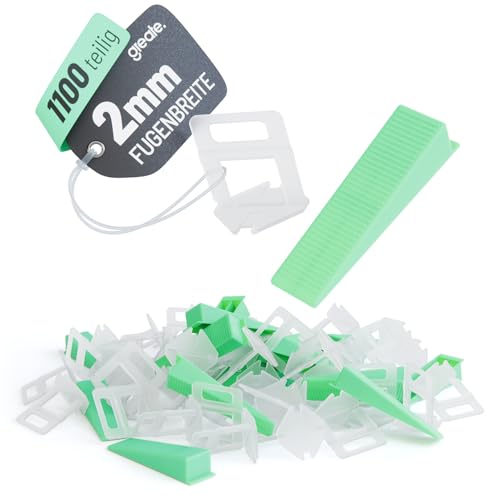 greate 1100-teiliges Fliesen Nivelliersystem 2mm - Fliesenverlegehilfe Set mit 1000 Zuglaschen & 100 Keile - Fliesen Verlegehilfe - Fliesenkeile