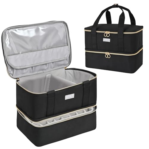 Nagellack Aufbewahrung Tasche,Doppelschichtige Nagellack Organizer für 40 Flaschen(15 ml-0.5 FL.oz) und eins LED-Nagellampe,Tragbare Nagellack Tragetasche für Nageldesign zubehör,Schwarz