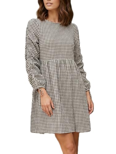 PINUPART Womens Casual Long Sleeve Mini Gingham Dress with Pockets Black White M