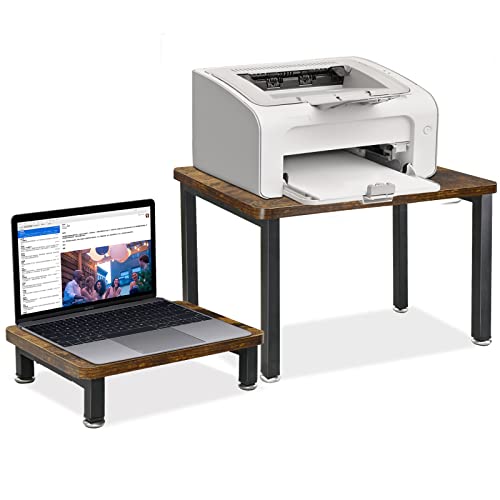 Desktop Printer Stand With Monitor Stand Set Of 2, Desktop Stand For Printer, Printer Shelf With Monitor Stands For Space Organizer As Storage Shelf, Book Shelf, Double Tier Tray With Hardware(Brown) #TOP21