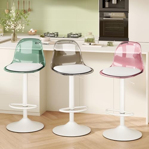 Butacos giratorios de acrílico ajustables para barra, set de 2, con respaldo transparente, diseño moderno para isla de cocina, con patas metálicas y cojín pequeño de poliuretano (verde) miniatura 6