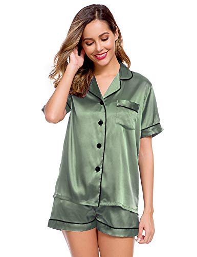 Image of LecGee Womens Silk Satin Pajamas Short Sleeve Loungewear Two-Piece Sleepwear Button-Down Pj Set