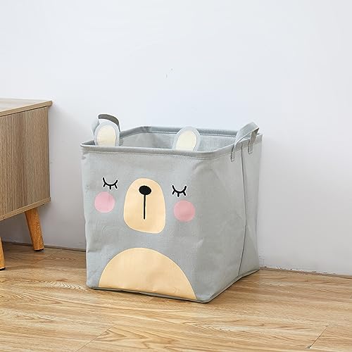 Image of House of Quirk Cotton Linen Collapsible Square Storage Baskets Cute Kids Toys Storage Organiser for Laundry Basket Organizer Home, Bedroom, Dorm, Clothes (Grey)