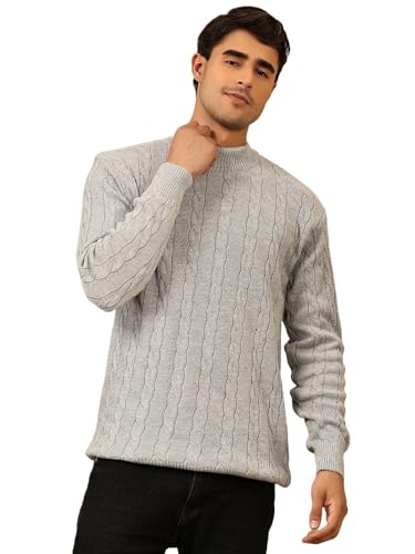 Image of Kvetoo Men's High Neck Cable Knit Sweater | Winter Pullover | Warm Wool Blend |Casual Full Sleeve Sweater for Men | Stylish Ribbed Neck Slim Fit Winterwear