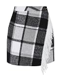 Tanming Plaid Skirts for Women High Waist Bodycon Pencil Fringe Mini Skirts Fall Winter Wool Wrap Skirt(Grey-XS)