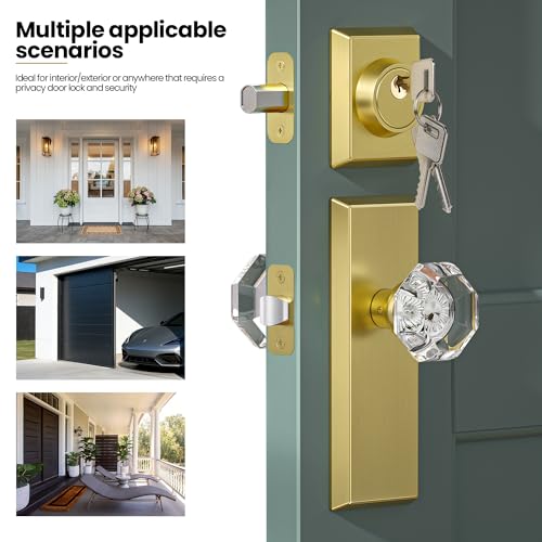 Image of Glass Door Knobs with Single Cylinder Deadbolt Lock Set - Brushed Gold Crystal Passage Knob for Interior /Exterior Doors - Vintage Diamond Bedroom Bathroom Closet Handles