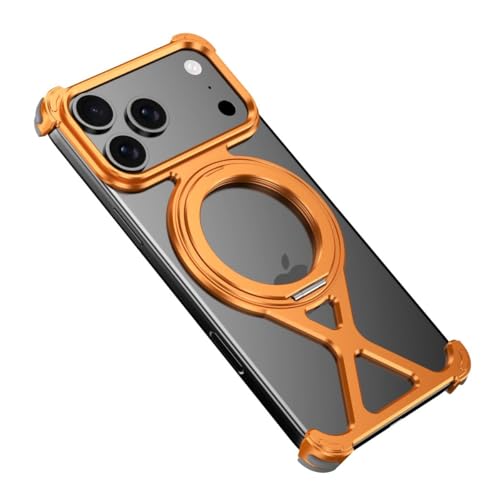 Coque iPhone 17 Pro orange doré avec support magnétique et châssis sans cadre en métal