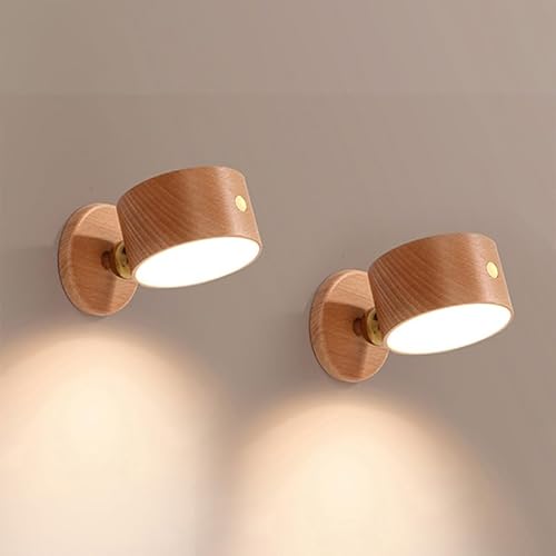 LANDGOO Battery Operated Wall Sconce Bedside Lamp, Wooden Magnetic Wall Light Dimmable, 360° Adjustable Angle, Rechargeable Cordless Lamp for Picture, Bedroom, Hallway (Beech Wood 2PCS)