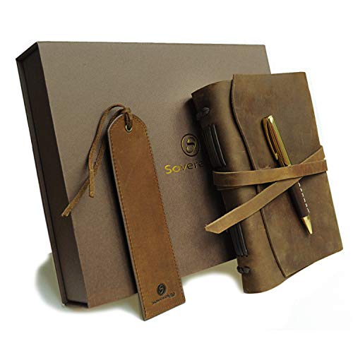 Leather Journal Gift Set with Antique Leather Bookmark + Pen, Handmade Writing Notebook 8x6 Inches Unlined Leather Bound Daily Notepad For Men For Women, Best Luxury Gift Box Travel Diary for all ages - Thumbnail 6