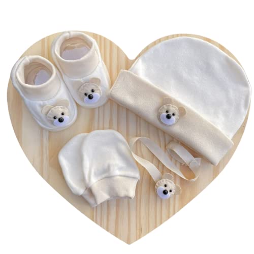 Kit Recem Nascido Ursinho Creme Bebê Sapatinho Touca Luvas Prendedor Bico