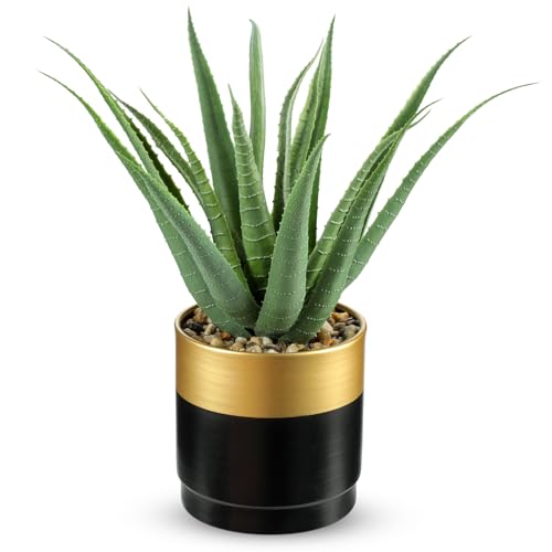 Oairse Artificial Aloe Plant in Black and Gold Metal Pot 31cm Faux Potted Plant Artificial Plants Indoor Fake Greenery for Home Office Decor Bathroom Modern Table Decoration