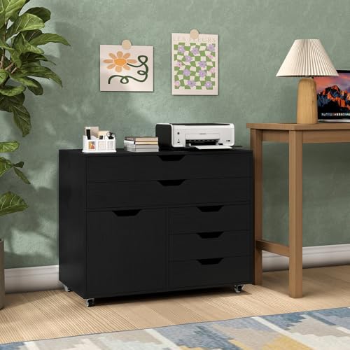COSTWAY Mueble Archivador de Madera con 5 Ruedas Universales, Cómoda de 5 Cajones con Puerta, Soporte de Impresora, Moderno Gabinete de Almacenaje Vertical Salon Estudio, Oficina (Negro) - imagen 9