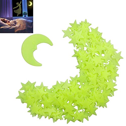 Dark Luminous Stars Fluorescent Noctilucent Plastic Wall Stickers Murals Decals for Home Art Decor Ceiling Wall Decorate Kids Baby Bedroom Room Decorations(200 Stars, 1 Moon)