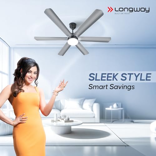 Image of Longway Luminair 1200 mm BLDC Ceiling Fan with Remote Control & LED Light|BEE 5 Star Rated Energy Efficient|Ultra High Speed 6 Blade Anti-Dust Decorative Ceiling Fan|5 Years Warranty (Gray, Pack of 1)