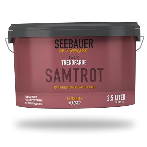 SEEBAUER diy Trendfarbe Rot 2,5L (No. T07 Samtrot) für den Innenbereich - Edelmatte Wandfarbe Rot - Hochdeckende Innenfarbe in Profi-Qualität