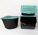  TUPPERWARE TW Zwiebel-Lager 5,5 L + Adretto 2,5 L + Knoblauch Lager 2,3L Schwarz Petrol + Softlöffel Orange
