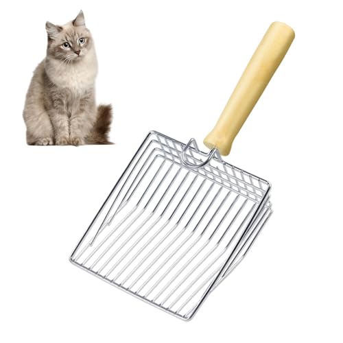 Pilarmuture Cat Litter Scoop,Stainless Steel Durable Wooden Handle,Solid Durable Kitty Litter Scoop Easy to Scoop,Polished Smooth Cat Litter Shovel for All Cat Litter,Metal Garbage Shovel