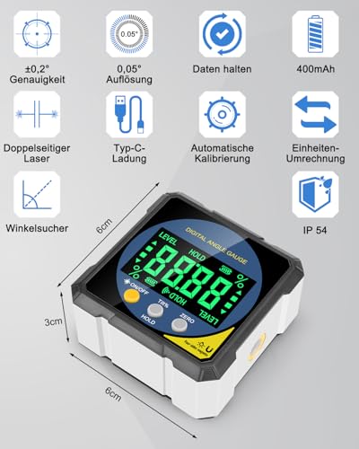 Digitaler Laser Winkelmesser, Lytool Neigungsmesser Laser Wasserwaage mit Vierseitigem Magnet, Doppelseitigem Laser- LCD Display, Type-C Schnittstelle- Magnetische Bevel Box für Holzarbeiten, Bau, DIY