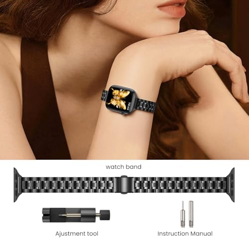 Image of STIROLL Thin Replacement Band Compatible for Apple Watch 49mm 46mm 45mm 44mm 42mm(Series 3 2 1), Stainless Steel Metal Wristband Women Men for iWatch Ultra SE Series 11 10 9 8 7 6 5 4, Black