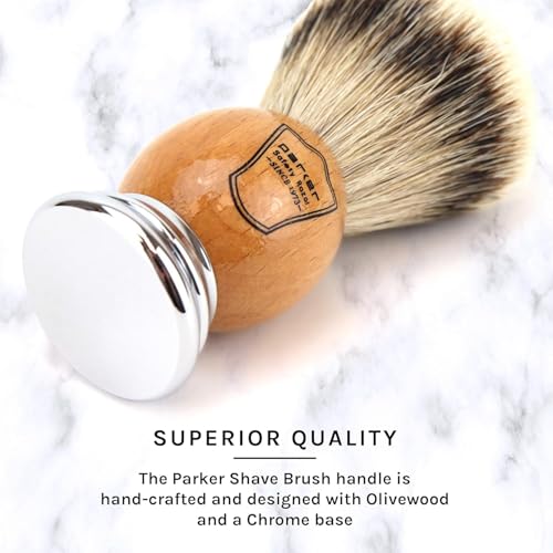Image of Parker 100% Silvertip Badger Shaving Brush - Olivewood Handle, Long‑Loft 22 mm Knot with Resin Stand - Super Soft Bristles for a Rich Lather for all Skin Types