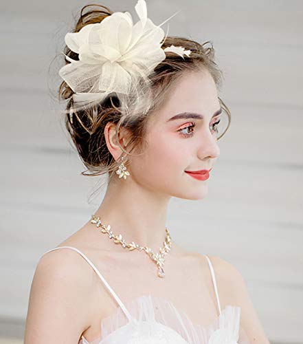 Z&X Women Feather Fascinator Wedding Tea Party Hair Clip Brooch Bridal Headpiece Beige - Thumbnail 5