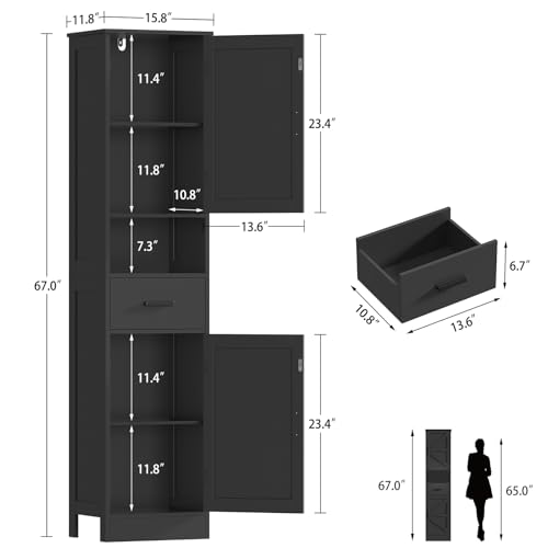 Image of TEENFON Tall Bathroom Storage Cabinet with Barn Doors, Narrow Bathroom Cabinet with Drawer, Narrow Storage Unit, Adjustable Shelves, Floor Cabinets for Living Room, Entryway, Kitchen, Black