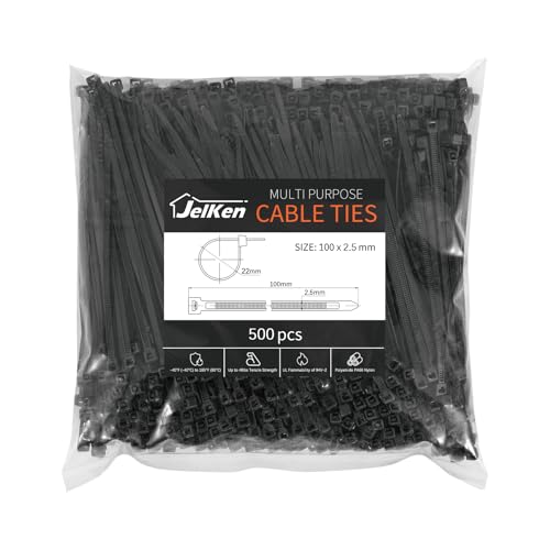 Image of JelKen 500 Pack Black Cable Ties, 100mm x 2.5mm, 4" Nylon Tie Wraps, Self-Locking Small Zip Ties for Home Office and Garden