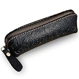 XQIGI Vintage Leather Pencil Case, Handcrafted Genuine Leather Zippered Fountain Pen Pouch, Flower Pencils Holder Stationery Bag for Men and Women(Black)