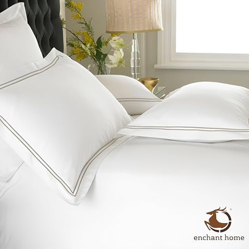 Image of Pure Cotton 500 TC Pillow Cover Set | Greek Embroidered Pillow Cover Set | Percale Weave | 18 X 27 Inches (2, White - Silver)